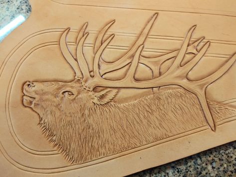 Deer Leather Projects, Deer Leather Tooling Pattern, Leather Carving Pro Leather Carvers, Tooled Leather Cow Skull, Hand Tooled Leather Knife Sheaths, Handmade Leather Work, Custom Leather Work, Leather Working Projects, Leather Billfold