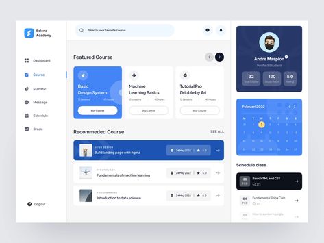 Selena Academy - E Course Dashboard by Onky Soerya ✌️ for 10am Studio on Dribbble Learning Website Design, Website Course, Course Web, Card Ui, Web Design Course, Course Schedule, Dashboard Ui, Template Site, Learning Management System