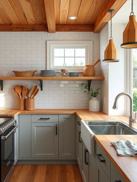 20 Farmhouse Kitchen Ideas for a Cozy Home Makeover Gray Cabinets Kitchen With Butcher Block, Farmhouse Kitchen Ideas On A Budget, Kitchens With Wood Ceilings, Kitchen Ideas Butcher Block Counter, Old Farm Kitchen, Small Farmhouse Kitchen Ideas, Wood Kitchen Countertops, Remodeled Farmhouse, Cozy Kitchen Nook