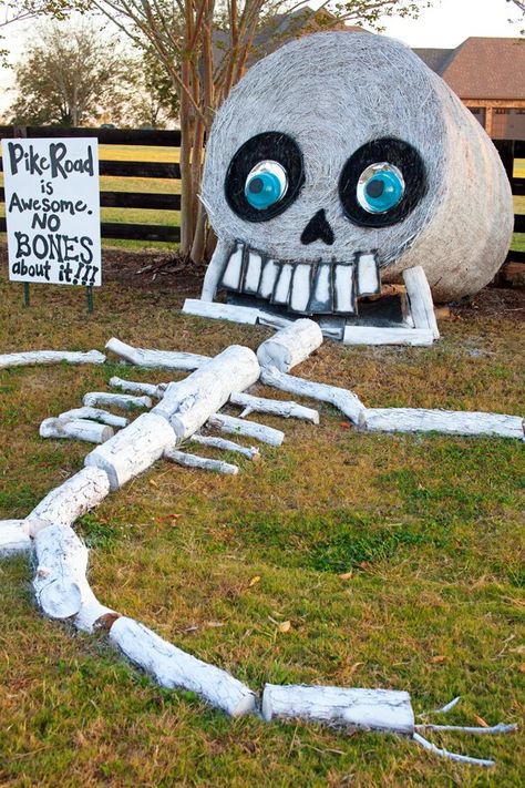 Hay Bale Decorating | Skeleton Decorated Hay Bales For Halloween, Halloween Hay Bale Ideas, Round Hay Bale Decorating Ideas, Hay Bale Halloween, Halloween Hay Bale, Hay Bale Decorating Ideas, Farm Playground, Decorated Hay Bales, Hay Bale Fall Decor