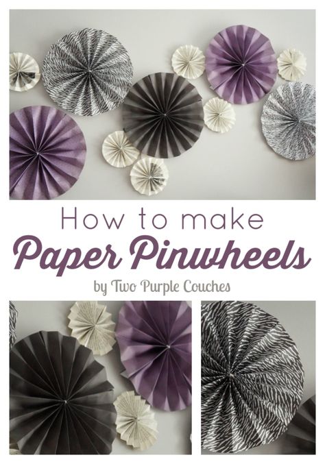 How to make paper pinwheels via www.twopurplecouches.com Paper Pinwheels, Purple Couch, Purple Room Decor, Paper Decorations Diy, Pinwheels Paper, Make Paper, Finding Nemo, Diy Party Decorations, How To Make Paper