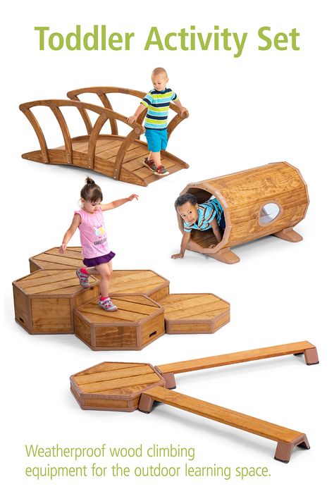 Made for outdoor active play, this collection of weatherproof wooden climbing equpment is specifically designed for the toddler playground. Tap through for more details and buying options. Cool Outdoor Play Areas, Montessori Outdoor Playground, Montessori Playground Ideas, Childcare Playground Ideas, Toddler Playground Ideas, Outdoor Playground Ideas For Kids, Daycare Playground Ideas, Outdoor Toddler Play Area, Toddler Backyard Play Area