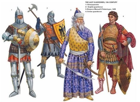 Military uniforms had an armor breastplate with shoulder-pieces. And depending what kind of soldier you were, it would determine how heavily armed you were (like shown in the picture). The footwear was calf-high boots or sandals with leather straps. Byzantine Army, Varangian Guard, Eastern Roman Empire, Roman Armor, Medieval Warfare, Warriors Illustration, Historical Warriors, Roman Army, Eastern Roman