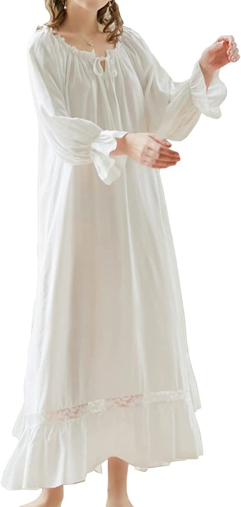 Homgro Women's Victorian Nightgown Vintage Princess Nightdress Ruffle Cotton Long Sleeve Square Neck Sleep Dress Lounge Pleated Lace Maxi Nightwear White Medium at Amazon Women’s Clothing store Princess Nightgowns, Sleeping Gown, Nightgown Vintage, Nightgown Lace, Cotton Night Dress, Victorian Nightgown, Night Gown Dress, Sleeping Dress, White Nightgown