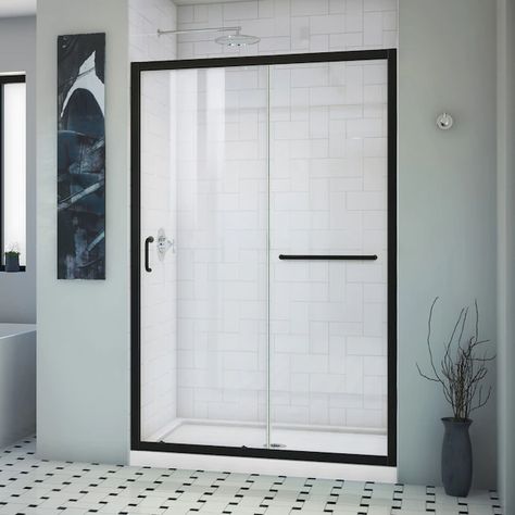 DreamLine Infinity-Z 44-in to 48-in W x 72-in H Semi-frameless Sliding Satin Black Alcove Shower Door (Clear Glass) in the Shower Doors department at Lowes.com Black Shower Doors, Semi Frameless Shower Doors, Tub Door, Frameless Sliding Shower Doors, Tub Doors, Frameless Shower Doors, Shower Base, Sliding Shower Door, Black Shower