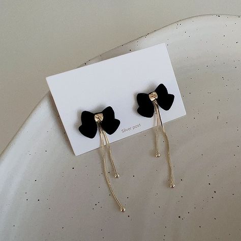 Cute black bow ribbon earrrings, Handmade 2-Way black velvet bow earrings, Small black bow knot earrings, Elegant gold tassel earrings, Gift by WithHerNYC on Etsy Balletcore Black, Handwritten Gifts, Gold Tassel Earrings, Black Velvet Bow, Earring Trends, Bow Ribbon, Beautiful Gift Wrapping, Bow Knot, Silver Bow