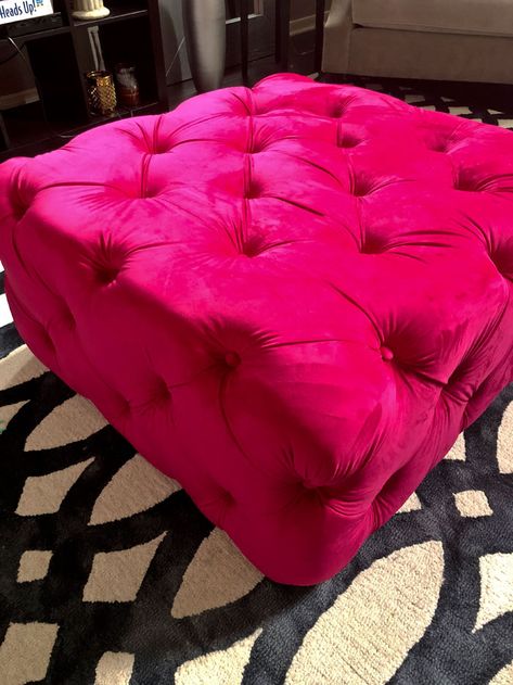 The Upholstered House Ottoman - L Fuchsia Hot Pink Couch, Pink Couch Living Room, Future Furniture, Pink Ottoman, Funky Living Rooms, Glam Bedroom Decor, Pink Couch, Neon Bedroom, Velvet Furniture