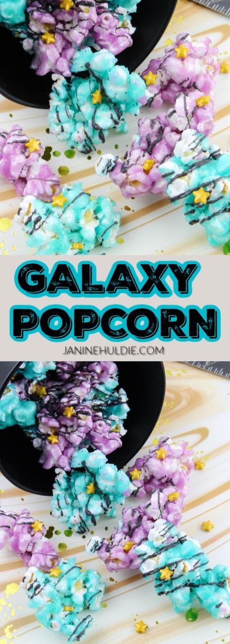 Galaxy Popcorn Recipe Galaxy Popcorn, Picky Toddler, Popcorn Balls, Popcorn Recipe, Dessert Aux Fruits, Flavored Popcorn, Family Fun Night, Edible Gold, Popcorn Recipes