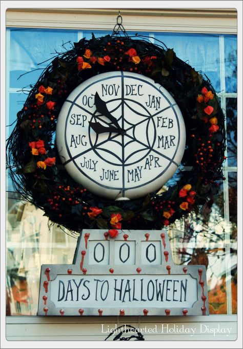 Our Lighthearted version of the Nightmare Before Christmas countdown clock hangs in the front window. Nightmare Before Christmas Clock, Halloween Yard Displays, Disney Countdown, Countdown Clock, Christmas Clock, Disney Haunted Mansion, Whimsical Halloween, Halloween Yard, Halloween Home Decor