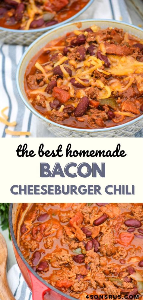 Bacon cheeseburger chili combines all the flavors of two classic comfort foods into one yummy dish. This hearty recipe will be an instant favorite for all burger and chili lovers! #chili #homemade #recipe #dinner Bacon Cheeseburger Chili, Weird Chili Recipes, Unusual Chili Recipes, Hearty Meals Comfort Foods, Cheeseburger Chili, 21 Day Fix Chili, Chili Homemade, Savory Halloween Food, Chili Burger