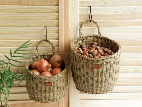 "These hanging wicker wall brown baskets with handle are very decorative and natural looking. Hanging baskets are made from paper wicker. This is a natural environmentally friendly material. A great choice to give your home a rustic feel. You can store small fruits and vegetables, garlic, nuts or store kitchen utensils such as cutlery and ladles. These baskets are also good as plant stands. You can put other materials according to your needs. These are multifunctional baskets. Please pay attenti Potato Onion Bin, Potato And Onion Bin, Hanging Kitchen Utensils, Hanging Wicker Baskets, Potato Basket, Paper Wicker, Potato Storage, Brown Baskets, Wall Baskets