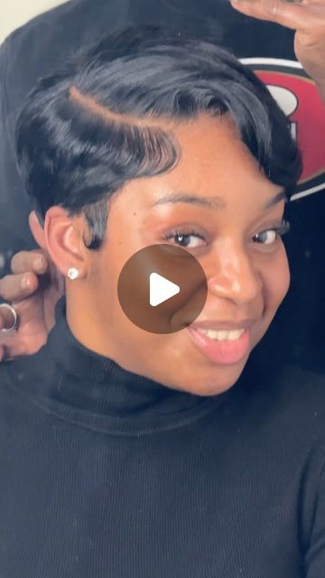 Pixie With Long Sides, Side Part Pixie Haircut Black Women, Pixie Haircut Wig, Growing Out A Pixie Cut Stages, Pixie Cut With Side Bangs, Pixie Cut Side Part, 90s Pixie Cut Black Women, Pixie Cuts For Black Women, Curled Pixie Cut