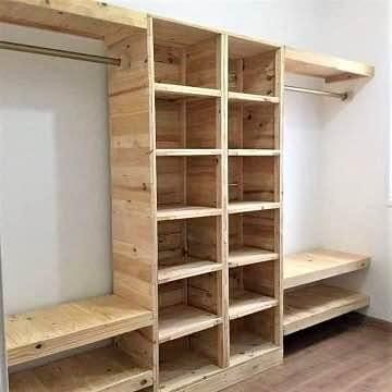 Wood closet organizers Wooden Closet Organizer, Wood Closet Ideas, Pallet Wood Closet, Diy Plywood Closet Organizer, Wood Hangers Closet, Wood Closet Organizers, Diy Storage Shelves, Wooden Closet, Closet Renovation