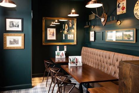 Pub Colour Schemes Interiors, Victorian Pub Interior, Pub Tables And Chairs, Country Pub Interior, Dark Green Bar, Irish Pub Aesthetic, Pub Renovation, English Pub Decor, Deep Green Walls