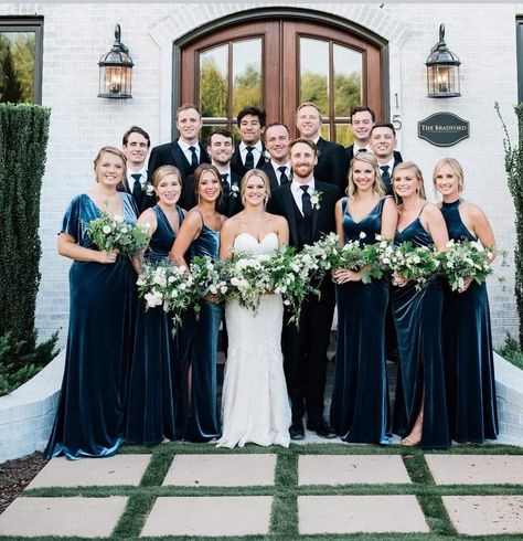 Navy Blue Velvet Bridesmaids, Blue Velvet Winter Wedding, Dark Teal Bridal Party, Dark Blue And Green Bridesmaid Dresses, December Wedding Navy Blue, Navy Velvet Bridesmaid Dress, Velvet Blue Bridesmaid Dresses, Winter Navy Wedding, Celestial Wedding Bridesmaid Dresses