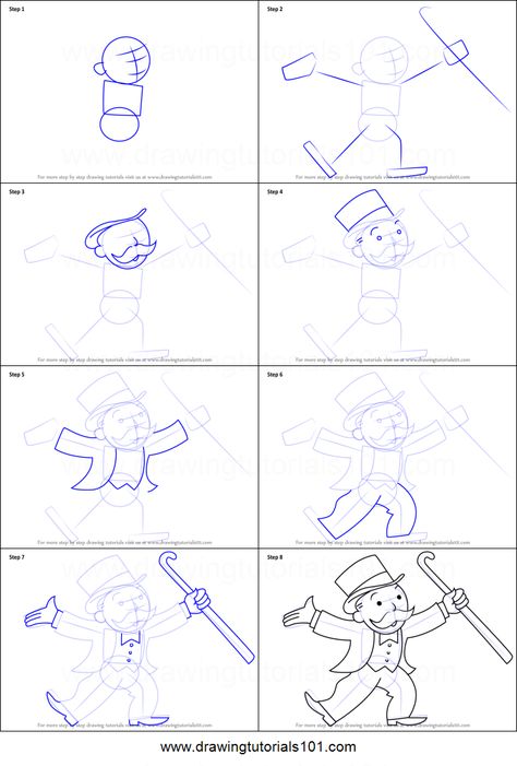 How to Draw Rich Uncle Pennybags from Monopoly printable step by step drawing sheet : DrawingTutorials101.com Monopoly Guy Drawing, Monopoly Man Drawing, Monopoly Drawing, Monopoly Man Art, Monopoly Printable, Monopoly Man Tattoo, Pierogi Casserole, Shoe Drawing, Monopoly Man