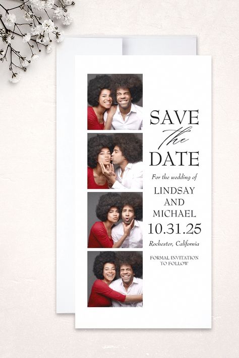 Relaxed natural photos save the date cards inspired by photo booth bookmarks. Fully customizable - change background or text color, write on the backside engagement story etc. These film strip unique creative easy-going humorous cards will definitely make an impression! #funnysavethedate #photoboothsavethedate #filmstripsavethedate #photostripsavethedate #modernsavethedatecards Photo Booth Bookmark, Funny Save The Dates, Engagement Story, Photo Strip, Engagement Stories, Modern Save The Dates, Save The Date Templates, Film Strip, Date Cards