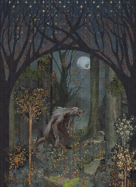 Creepy Fairytale Art, Telling Stories Art, Monsters In The Woods, Dark Fairytale Illustration, Dark Whimsy Aesthetic, Werewolf Illustration Character Design, Unseelie Aesthetic, Storybook Art Vintage, Dryad Aesthetic