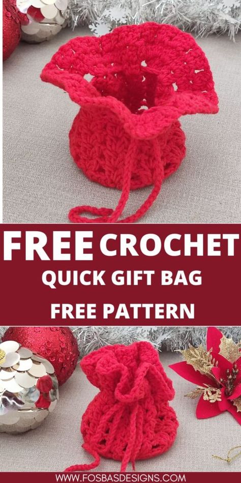 Quick Crochet Gift Bag Free Pattern Easy Crochet Gift Ideas, Crochet Gift Bag, Gift Bag Pattern, Crochet Holiday Gifts, Quick Christmas Gifts, Quick Crochet Gifts, Bag Free Pattern, Crochet Mini Bag, Quick Crochet Projects