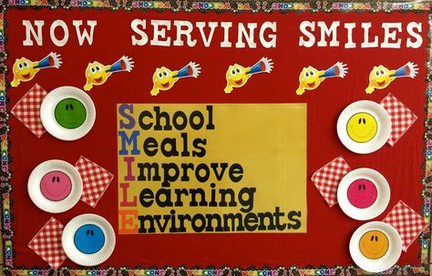 Wasatch Elementary CNP Manager borrowing some wisdom from Dayle Hayes for Wasatch Elementary School's opening bulletin board in the lunchroom! I love it! SMILE! Cafeteria Behavior, Behavior Bulletin Boards, School Cafeteria Decorations, Cafeteria Bulletin Boards, Nutrition Bulletin Boards, Cafeteria Decor, School Lunchroom, Food Bulletin Boards, School Cafe