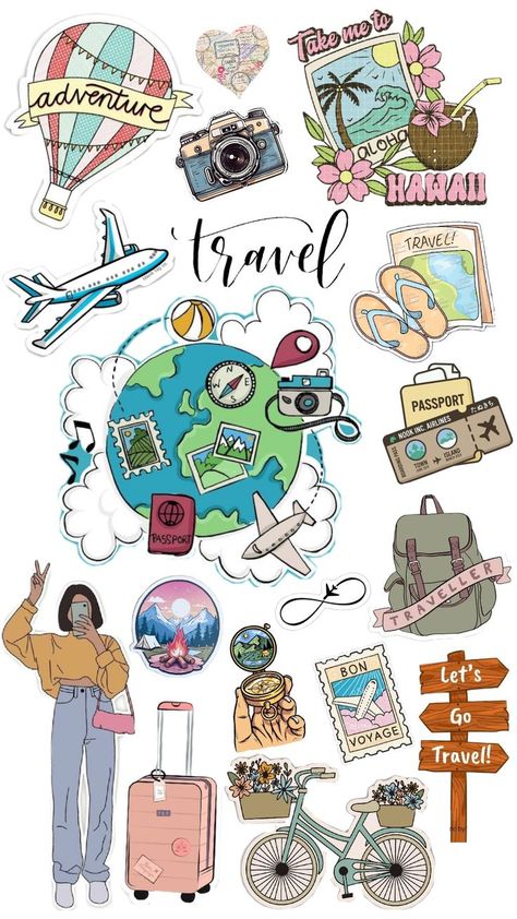 One life.One World.Explore it !! Travel Stickers Printable, Iphone Background Inspiration, Doctor Stickers, Travel Clipart, Scrapbook Letters, Bicycle Painting, Iphone Wallpaper Fall, Diy Journal Books, Scrapbook Stickers Printable