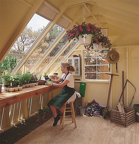 If you are scratching your head on the perfect workshop for gardening, consider a solar building like this one. Features lots of storage space, huge windows, shelving and a beautiful cedar workbench. Garden Shed Interiors, Greenhouse Shed, Garden Workshops, Garden Storage Shed, Storage Shed Plans, Backyard Greenhouse, Greenhouse Plans, Backyard Shed, Grey Paint