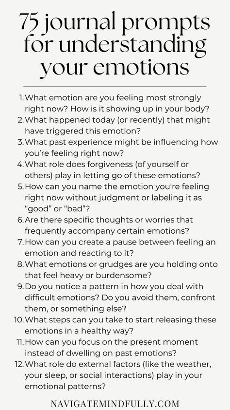 Journal Prompts to Understand Your Emotions Identify Emotions Activities, Emotional Intelligence Journal Prompts, Journal Prompts For Processing Emotions, Self Awareness Journal Prompts, Feeling Journal, Therapy Journaling Prompts, Emotions List, Feel Your Emotions, Prompted Journal