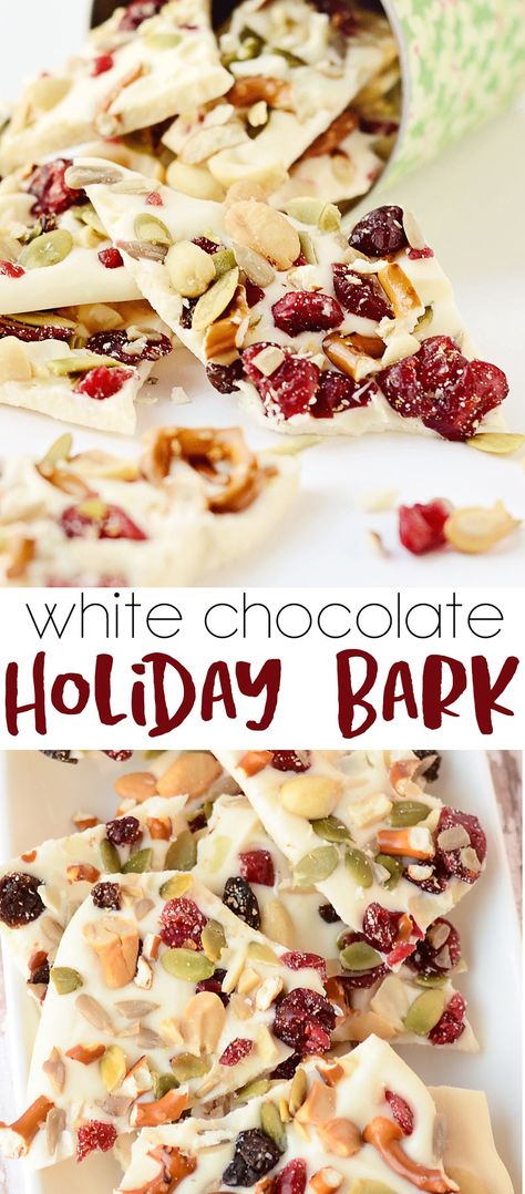 This easy White Chocolate Holiday Bark Recipe is made with white candy coating (white chocolate bark) and a festive fruit and nut blend. It's a quick and easy Holiday Bark Recipe, that once packaged in a festive box or tray, makes a perfect coworker or neighbor holiday gift! Almond Bark Recipes, Holiday Bark, Cake Decorated With Fruit, Christmas Bark Recipes, White Chocolate Bark, Chocolate Bark Recipe, Fruit Chocolate, Christmas Food Gifts, Christmas Candy Recipes