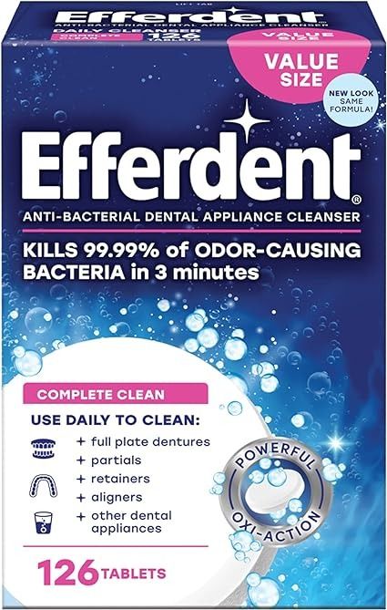 Amazon.com : Efferdent Retainer Cleaning Tablets, Denture Cleanser Tablets for Dental Appliances, Complete Clean, 126 Tablets : Health & Household How To Clean Retainers, Retainer Cleaner, Denture Cleaner, Partial Dentures, American Dental Association, Cleaning Tablets, Dentures, Oral Hygiene, Dental Care