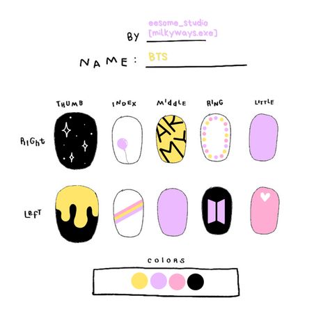 bts nails design Nail Art Bts Army, Jhope Inspired Nails, Jhope Nail Art, Bts Inspired Nail Art, Bts Nail Art Designs, Nail Designs Kpop, Suga Nail Art, Txt Nail Art, Bt21 Nail Art