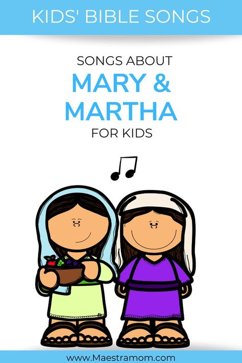 Bible songs for kids to teach about Mary & Martha as well as their brother, Lazarus. These are simple songs to familiar tunes for use in church, Bible class, VBS, Sunday school, or home. Mary And Martha Bible Story, Mary And Martha Craft, Mary And Martha Bible, Bible Songs For Kids, Sunday School Songs, Story Crafts, Preschool Bible Lessons, Simple Songs, School Crafts For Kids