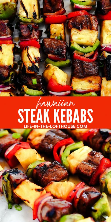 Steak skewers with bell pepper, pineapple and red onion. Steak Kebab Recipes, Steak Kebab, Sirloin Tip Steak, Grilled Dinner Recipes, Summertime Food, Sirloin Steak Recipes, Steak Kebabs, Beef Kebabs, Delicious Steak