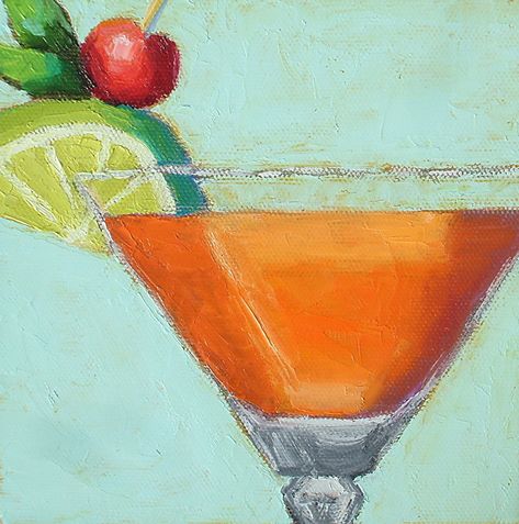 Tangerine Martini by Pat Doherty Wine Glass Drawing, Paint And Drink, Oil Pastel Drawings Easy, Wine Painting, Watercolor Beginner, Oil Pastel Drawings, Painting Subjects, Small Paintings, Tiki Bar