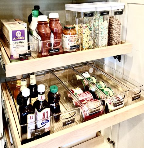 Pantry organization for pull out drawers can be tricky! Here are a few of our favorite products! Kitchen Pantry Drawers Pull Out Shelves, Pantry Pull Out Shelves Organization, Pantry Pull Out Drawers, Pull Out Pantry Shelves, Organize A Pantry, Pantry Can Organization, Organizing Your Pantry, Food Essentials, Deep Pantry