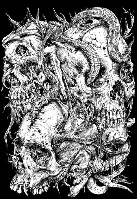 Graphic Design Drawing, Black Metal Art, Heavy Metal Art, Creepy Tattoos, Dark Artwork, Dark Art Tattoo, Skull Artwork, Shiva Art, Dark Pictures