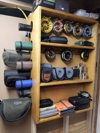 Fly Rod and Reel Storage Shelf : 9 Steps (with Pictures) - Instructables Fishing Gear Storage, Gear Room, Fishing Basics, Ice Fishing Rods, Fishing Storage, Fishing Rod Storage, Fishing Room, Fishing Waders, Fly Fishing Tips