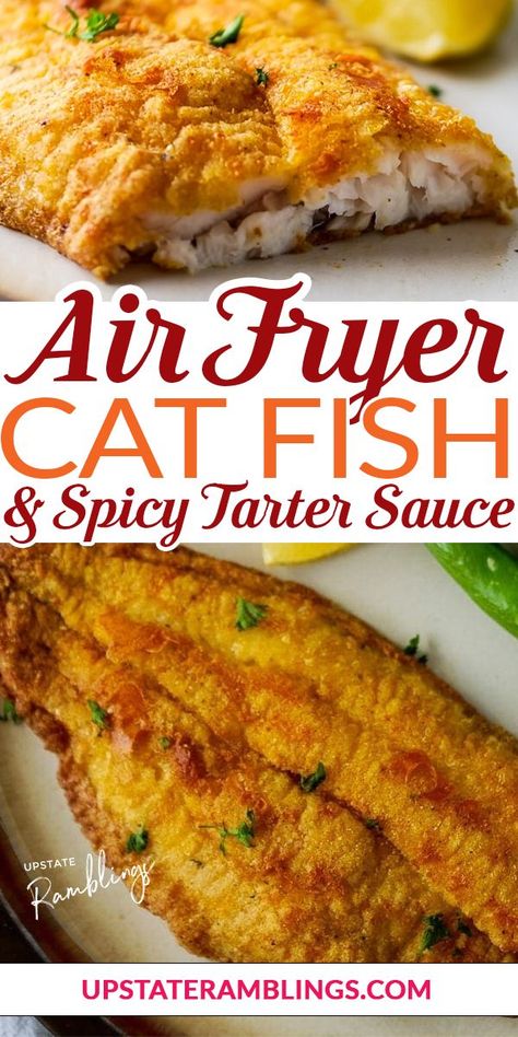 This easy air fryer catfish recipe lets you quickly fry up Cajun catfish at home. The catfish are fried with cornmeal and served with a spicy tartar sauce. This Cajun inspired dinner can be on the table in less than 30 minutes. This is a very simple recipe with minimal ingredients but lots of flavor. Catfish is a traditional food used in Cajun cooking, so in this recipe it is fried up with cornmeal and cajun seasoning... | @upstramblings #cajuncatfish #easycajuncatfish #bestairfryercatfishrecipe Spicy Tartar Sauce, Air Fryer Catfish, Cajun Catfish, Healthy French Fries, Catfish Recipe, Tartar Sauce Recipe, Easter Food Crafts, Catfish Recipes, Cajun Cooking