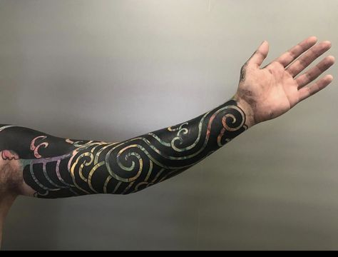 Sleeve Arm Tattoo, Negative Tattoo, Blast Over Tattoo, Tattoo Design For Men, Cover Up Tattoos For Men, Black Sleeve Tattoo, Solid Black Tattoo, Black Tattoo Cover Up, Blackout Tattoo