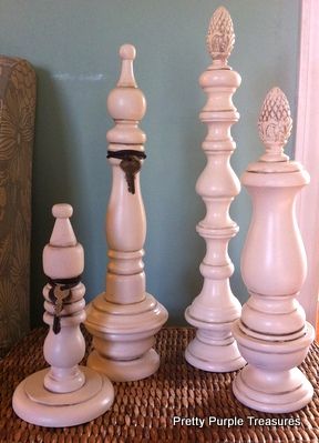 I made several more finials out of an odd assortment of pepper mills, candlesticks, curtain rod finials and other wood parts from the thrift store. This time I took a picture before I painted them so you could see the different parts I used. The color above is antique white, but it looks a little pink in this photo.  I used spray paint and then glazed.  I have also used chalk paint ad craft acrylic paint and distressed them. These are fun to make.  I use screws on some things- the doub… Spindle Decor, Finials Ideas Decor, Shabby Chic Candlesticks, Picnic Table Makeover, Frame Jewelry Organizer, Diy Gumball Machine, Spindle Crafts, Finials For Curtain Rods, Floating Mantel