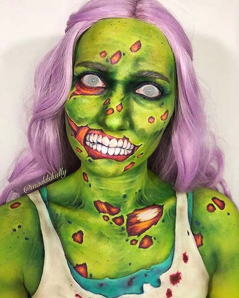 Green Zombie, Zombie Make Up, Zombie Makeup Easy, White Contact Lenses, Zombie Prom, Loreal True Match, Pop Art Zombie, Zombie Drawings, Beauty Glazed