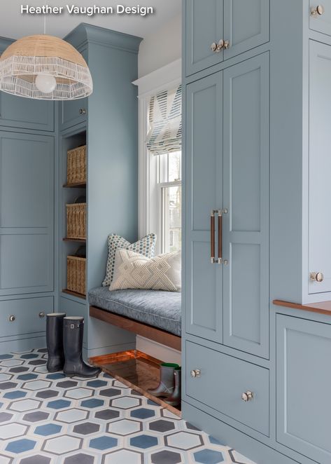 Blue Cabinets Mudroom, Mudroom With Pantry, Corner Lockers Mudroom, Mud Room Cabinets Ideas, Dropzone Ideas, Built In Mudroom Bench, Mudroom Cabinet, Mudroom Office, Mudroom Cabinetry