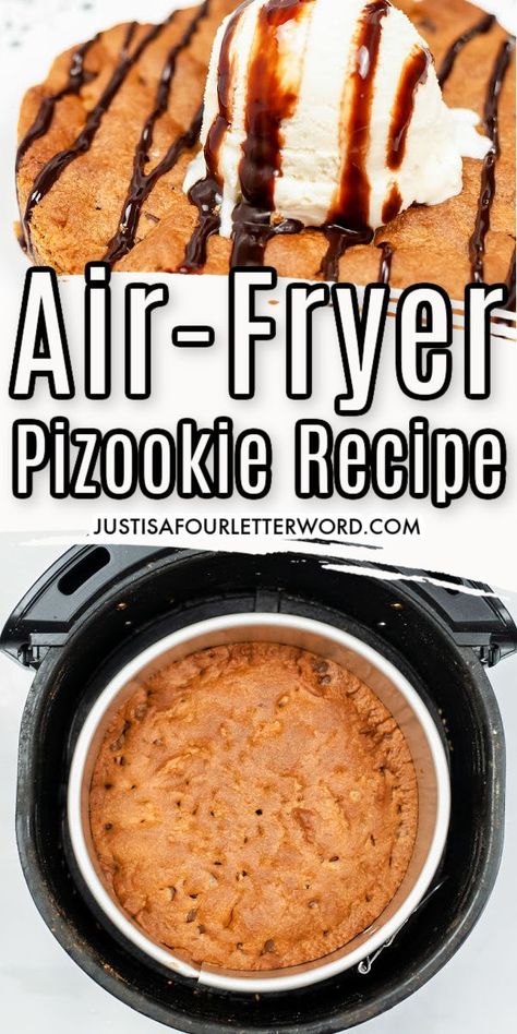 Enjoy this easy pizookie recipe without making skillet servings for everyone by making it the air fryer. This giant chocolate chip cookie is gooey, warm, and delicious. Top with vanilla ice cream, hot fudge, and your favorite toppings for a dessert that is too good to only enjoy at a restaurant!