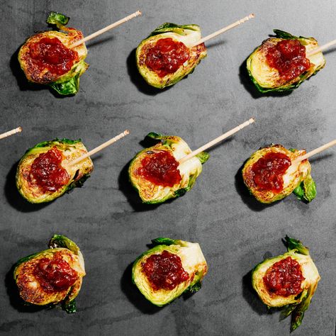 Brussels Sprouts With Bacon Jam Recipe | Epicurious Best Thanksgiving Appetizers, Bacon Jam Recipe, One Bite Appetizers, Brussels Sprouts With Bacon, New Year's Eve Appetizers, Cocktail Party Food, Bacon Jam, Sprouts With Bacon, Appetizer Bites