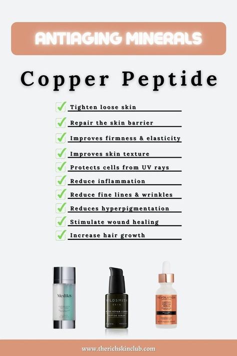 The anti-aging benefits of copper. How copper peptides can help all skin types. #copperforskintightening #copperserumforface Copper Peptides Benefits, Esthetician Tips, Peptides Skin Care, Benefits Of Copper, Best Drugstore Products, Allies Of Skin, Tighten Loose Skin, Skin Advice, Copper Peptides