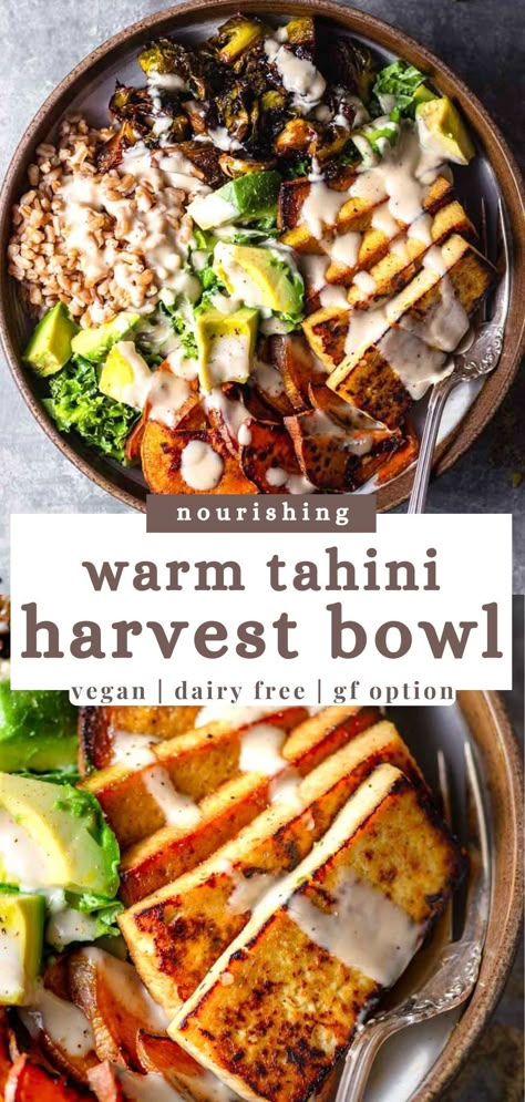 Tofu Sweet Potato Bowl, Tofu And Sweet Potato Recipes, Sweet Potato And Tofu, Tofu Nourish Bowl, Sweet Potato Cauliflower Bowl, Roasted Buddha Bowl, Buddha Bowl Roasted Veggies, Healthy Autumn Recipes Clean Eating, High Protein Vegan Fall Recipes