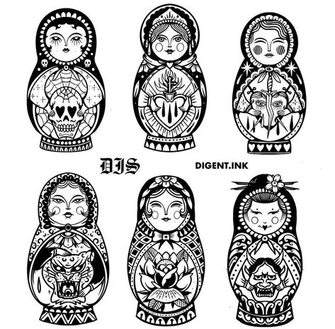 Russian Style Tattoo Folk Art, Traditional Matryoshka Doll Tattoo, Babooshka Tattoo, Metis Tattoo Ideas, Russian Doll Drawing, Russian Folk Art Tattoo, Matroyska Doll Tattoo, Russian Tattoo Traditional, Russian Tattoo Ideas