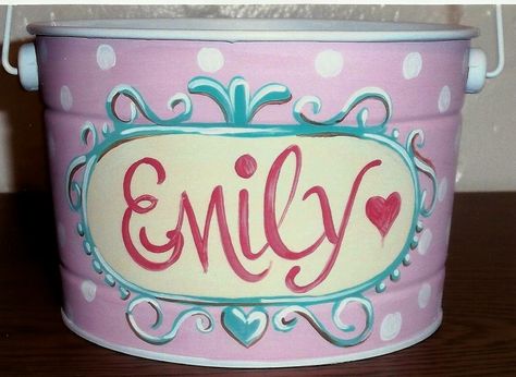 Painted Buckets, Easter Pail, Camp Trunks, Bucket Ideas, Metal Pail, Easter Buckets, Painted Plant Pots, Heart Painting, Personalized Easter