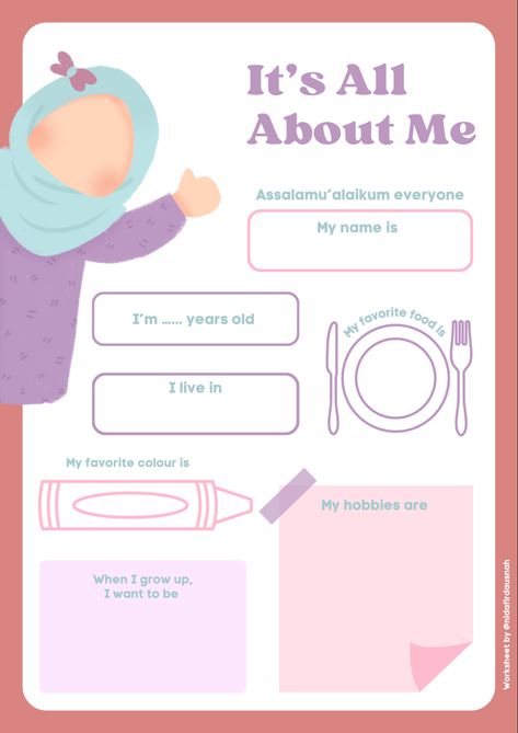 Introduce yourself by completing this worksheet! All About Me Worksheet, English Worksheets For Kindergarten, All About Me Preschool, Welcome Card, Introduce Yourself, English Course, All About Me, School Stickers, English Class