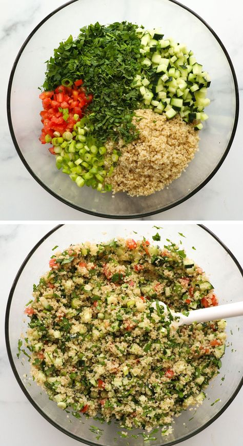 Quinoa Tabbouleh is a delicious gluten-free alternative to the traditional version. Made with fresh parsley and chopped veggies, you can whip it up in no time! Mediterranean Quinoa Recipes, Quinoa Tabouli, Quinoa Tabouleh, Tabbouleh Recipe, Chopped Veggies, Salad Jar Recipe, Quinoa Tabbouleh, Making Quinoa, Tabbouleh Salad