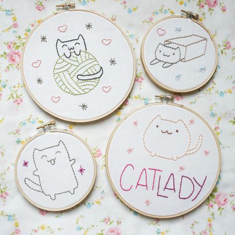 The Pink Samurai: Cat Lady Embroidery Patterns Cat Embroidery, Pola Kristik, Embroidery Patterns Free, Cat Crafts, Free Embroidery, Embroidery Inspiration, Hoop Art, Embroidery And Stitching, Embroidery Projects